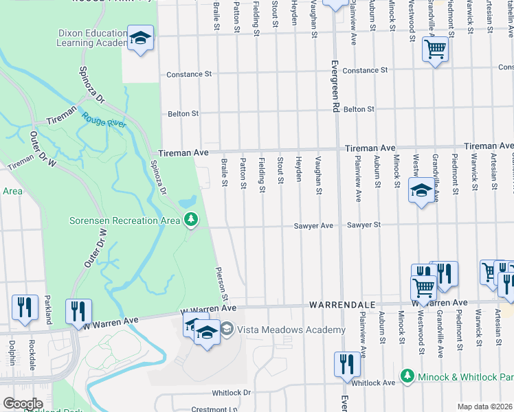 map of restaurants, bars, coffee shops, grocery stores, and more near 7680 Patton Street in Detroit