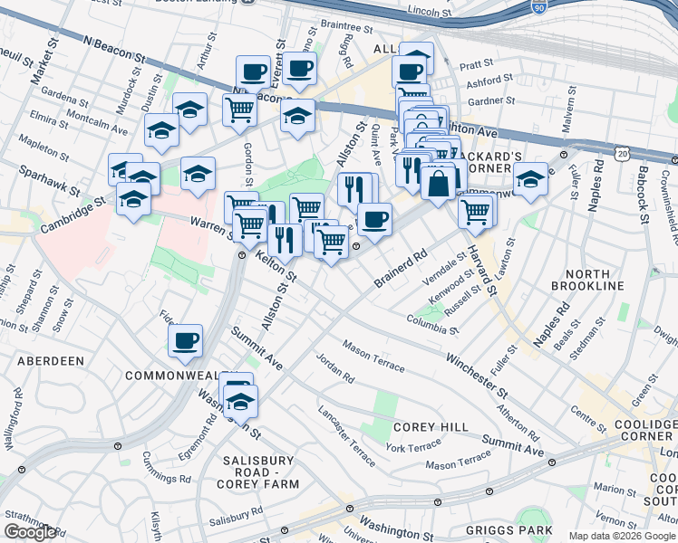 map of restaurants, bars, coffee shops, grocery stores, and more near 5 Walbridge Street in Boston