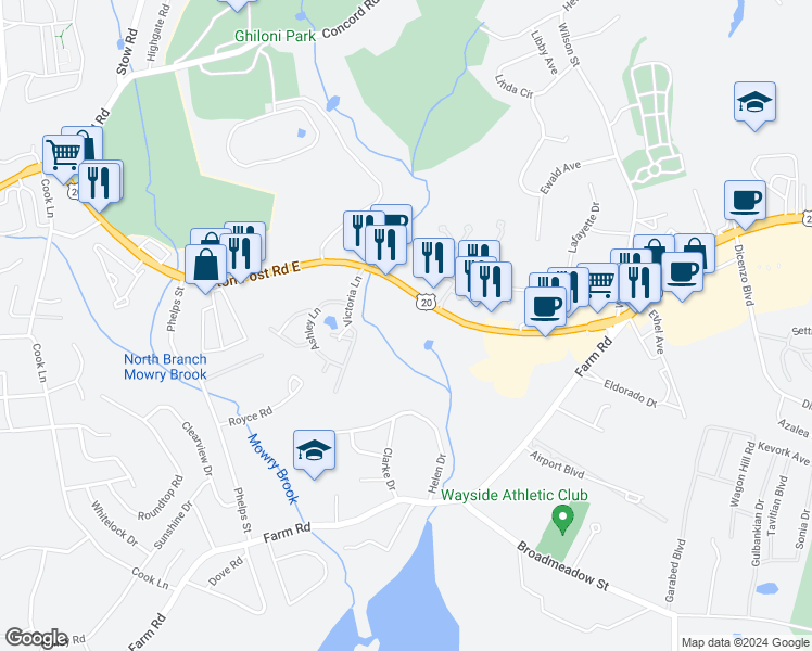 map of restaurants, bars, coffee shops, grocery stores, and more near 339 Boston Post Road East in Marlborough