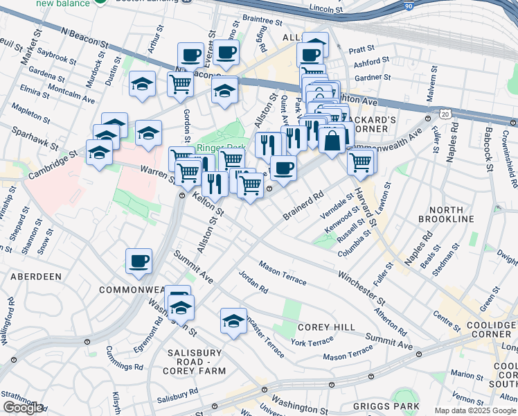map of restaurants, bars, coffee shops, grocery stores, and more near 1348 Commonwealth Avenue in Boston