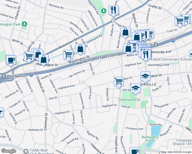 map of restaurants, bars, coffee shops, grocery stores, and more near 185 Highland Avenue in Newton