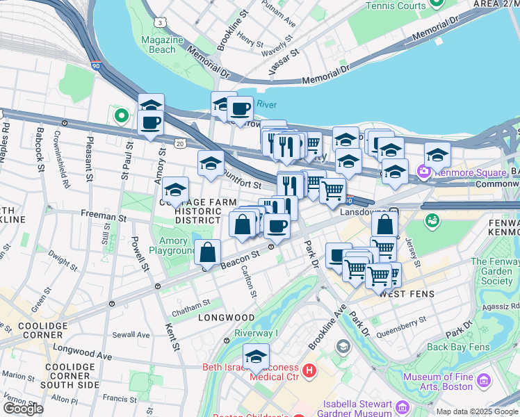 map of restaurants, bars, coffee shops, grocery stores, and more near 7 Euston Street in Brookline