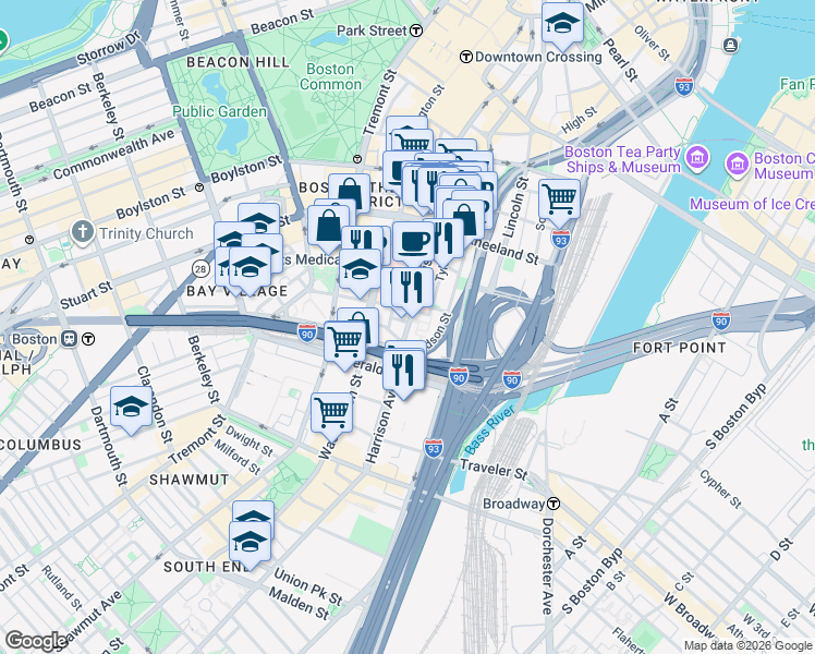 map of restaurants, bars, coffee shops, grocery stores, and more near 232 Harrison Avenue in Boston