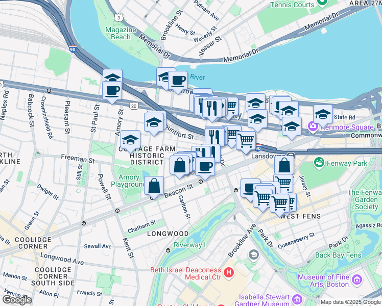map of restaurants, bars, coffee shops, grocery stores, and more near 7 Euston Street in Brookline