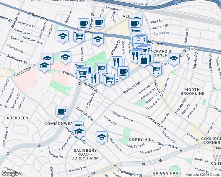 map of restaurants, bars, coffee shops, grocery stores, and more near 1348 Commonwealth Avenue in Boston