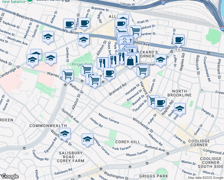 map of restaurants, bars, coffee shops, grocery stores, and more near 65 Brainerd Road in Boston