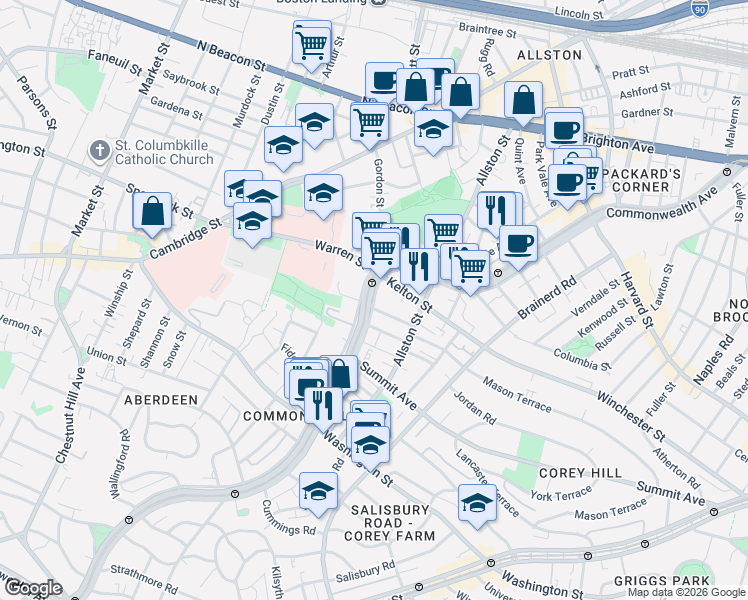 map of restaurants, bars, coffee shops, grocery stores, and more near 6105 1443 Commonwealth Avenue in Boston