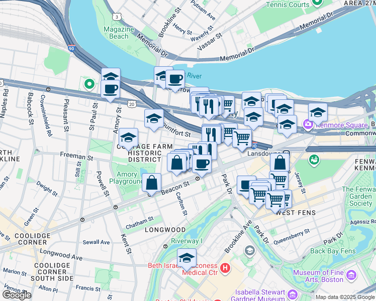 map of restaurants, bars, coffee shops, grocery stores, and more near 7 Euston Street in Brookline