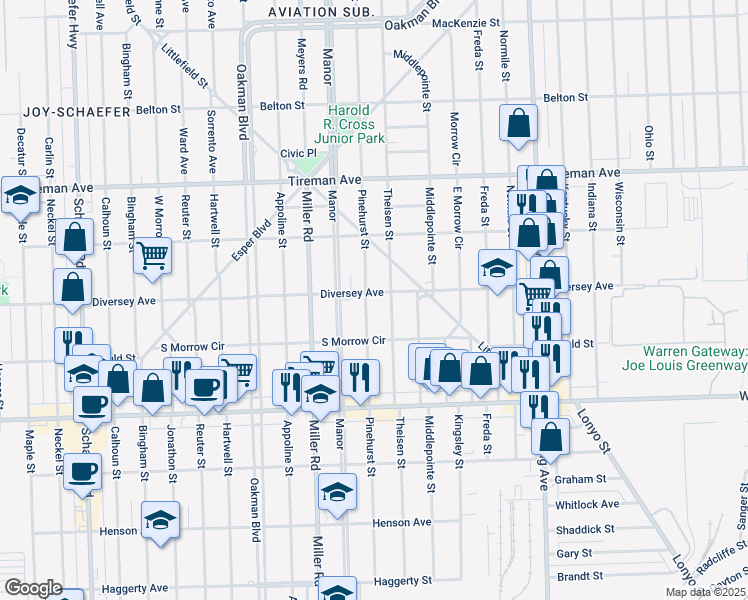 map of restaurants, bars, coffee shops, grocery stores, and more near 7600 Pinehurst Street in Dearborn