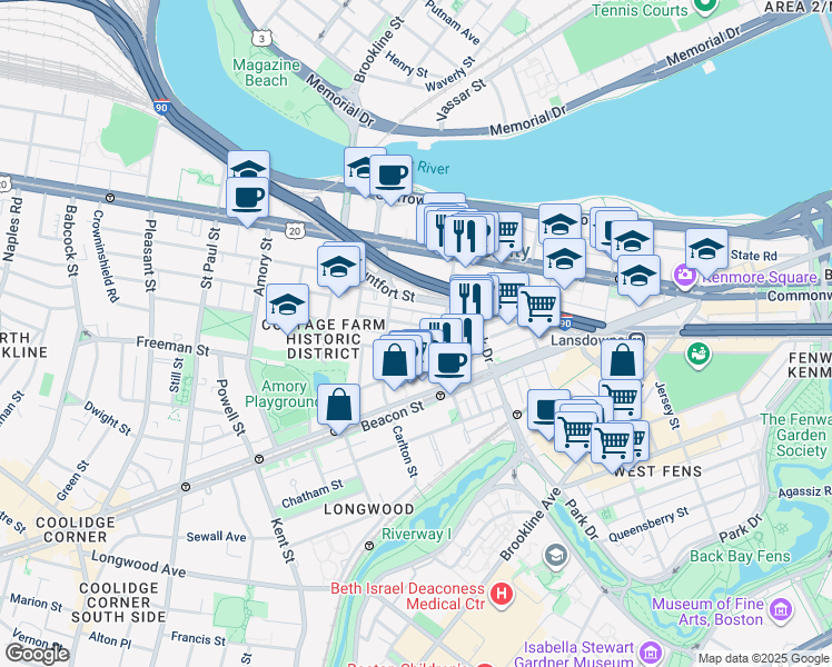 map of restaurants, bars, coffee shops, grocery stores, and more near 22 Euston Street in Brookline