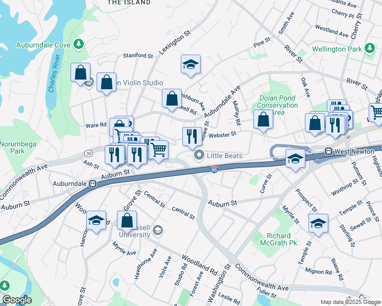 map of restaurants, bars, coffee shops, grocery stores, and more near 115 Rowe Street in Newton