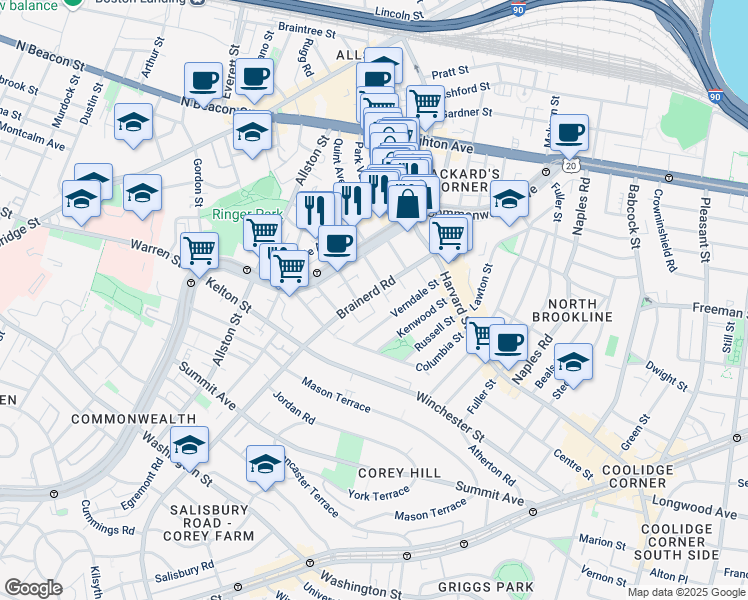 map of restaurants, bars, coffee shops, grocery stores, and more near 65 Brainerd Road in Boston