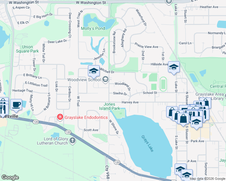 map of restaurants, bars, coffee shops, grocery stores, and more near 366 Woodland Drive in Grayslake