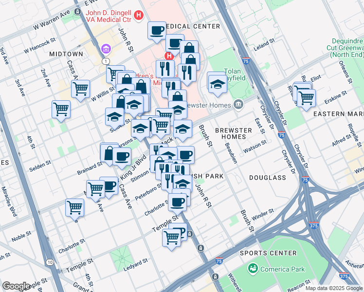map of restaurants, bars, coffee shops, grocery stores, and more near 3500 John R Street in Detroit