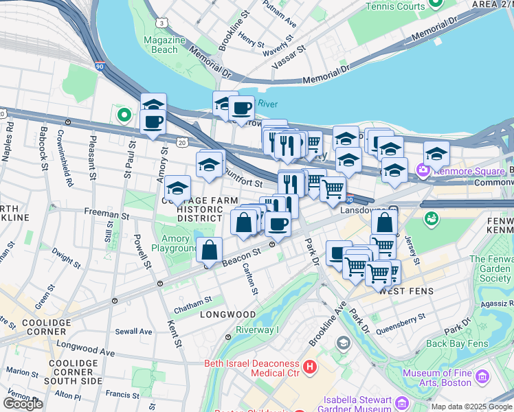 map of restaurants, bars, coffee shops, grocery stores, and more near 7 Euston Street in Brookline