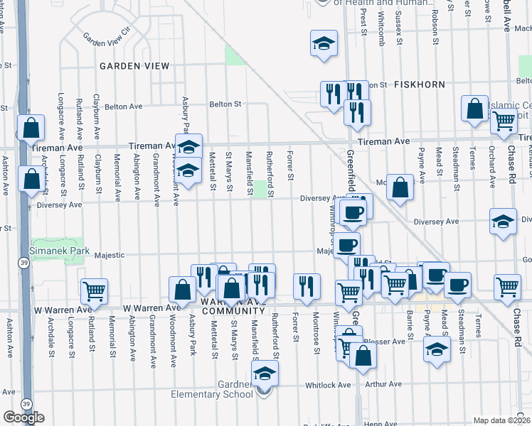 map of restaurants, bars, coffee shops, grocery stores, and more near 7534 Mansfield Street in Detroit