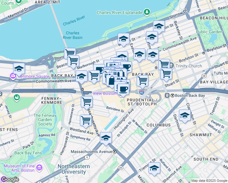 map of restaurants, bars, coffee shops, grocery stores, and more near Massachusetts Turnpike in Boston