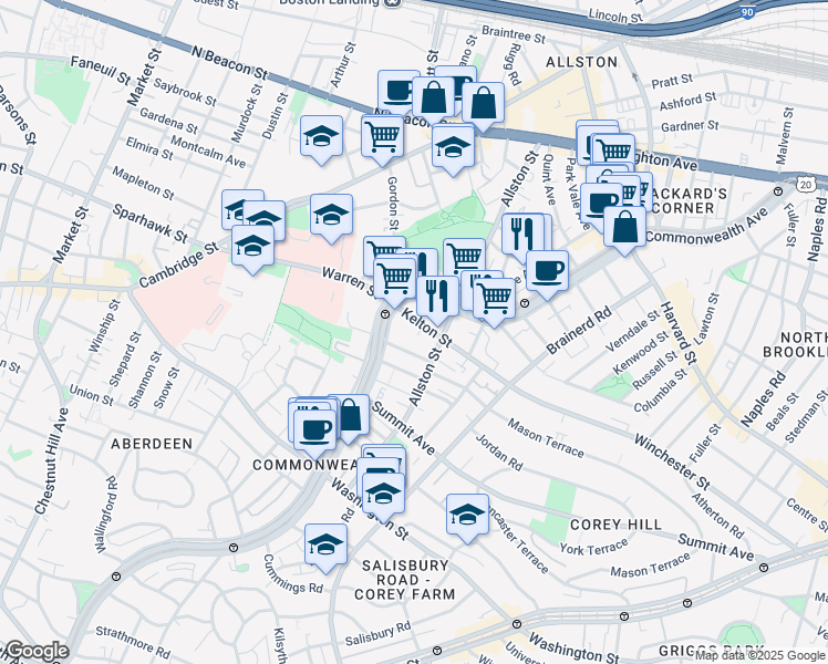 map of restaurants, bars, coffee shops, grocery stores, and more near 153 Kelton Street in Boston