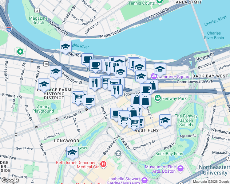 map of restaurants, bars, coffee shops, grocery stores, and more near 46R Mountfort Street in Boston