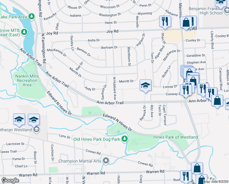 map of restaurants, bars, coffee shops, grocery stores, and more near 8123 North Hubbard Street in Westland