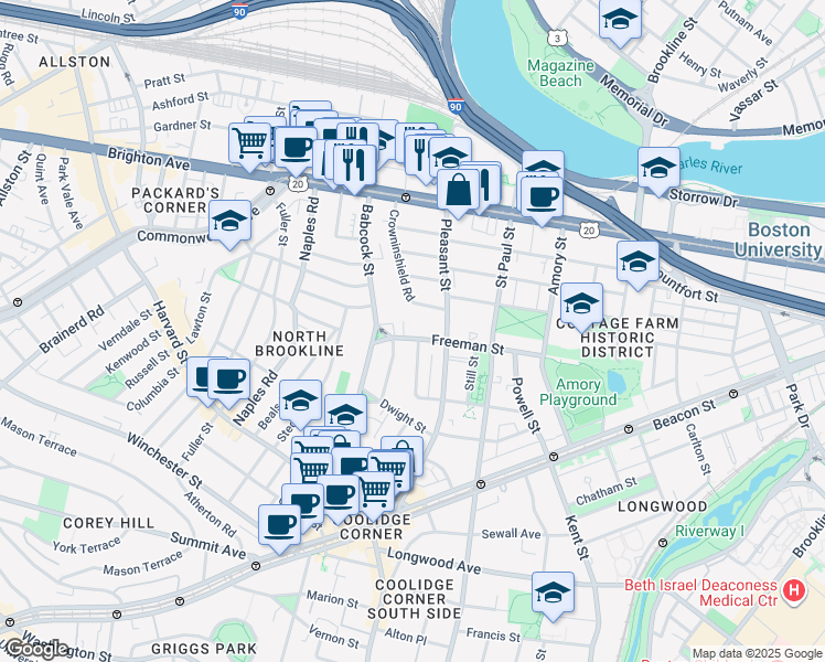map of restaurants, bars, coffee shops, grocery stores, and more near 217 Freeman Street in Brookline