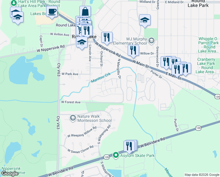 map of restaurants, bars, coffee shops, grocery stores, and more near West Treehouse Lane in Round Lake
