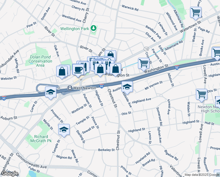map of restaurants, bars, coffee shops, grocery stores, and more near 68 Chestnut Street in Newton
