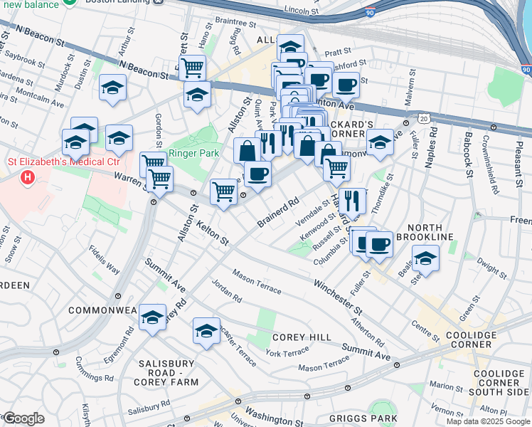 map of restaurants, bars, coffee shops, grocery stores, and more near 65 Brainerd Road in Boston