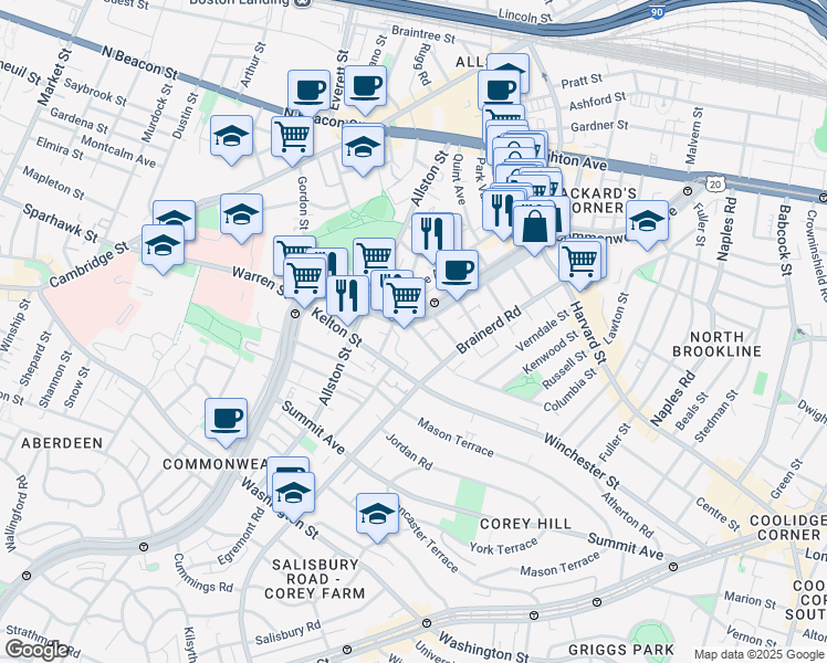 map of restaurants, bars, coffee shops, grocery stores, and more near 1348 Commonwealth Avenue in Boston
