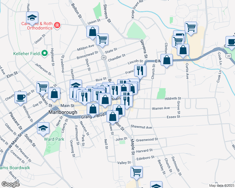 map of restaurants, bars, coffee shops, grocery stores, and more near 22 Bolton Street in Marlborough