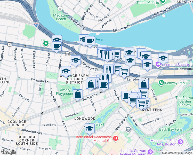 map of restaurants, bars, coffee shops, grocery stores, and more near 18 Euston Street in Brookline