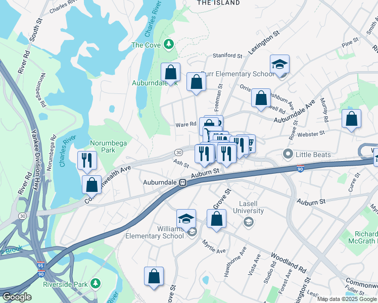 map of restaurants, bars, coffee shops, grocery stores, and more near 2150 Commonwealth Avenue in Newton