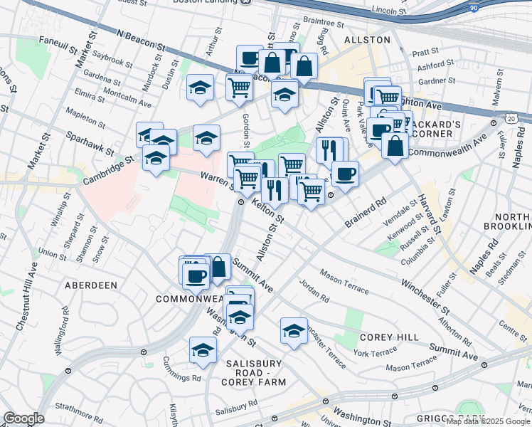 map of restaurants, bars, coffee shops, grocery stores, and more near 153 Kelton Street in Boston