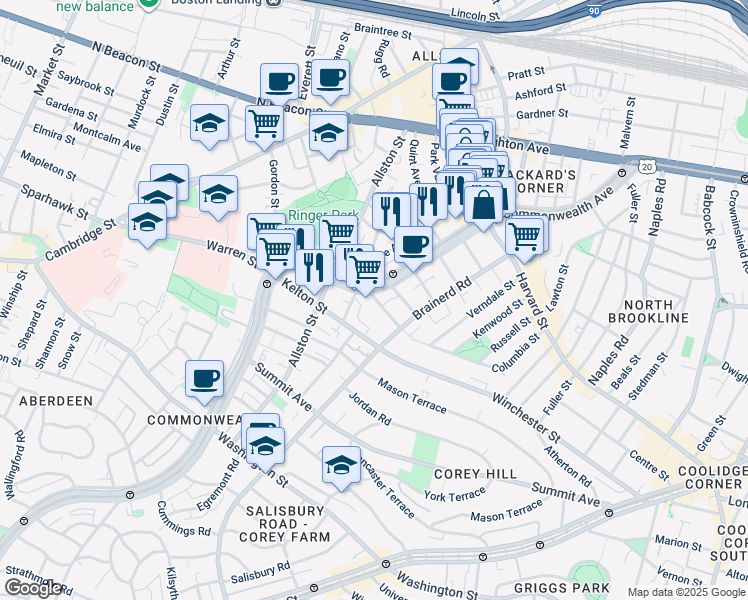 map of restaurants, bars, coffee shops, grocery stores, and more near 1348 Commonwealth Avenue in Boston
