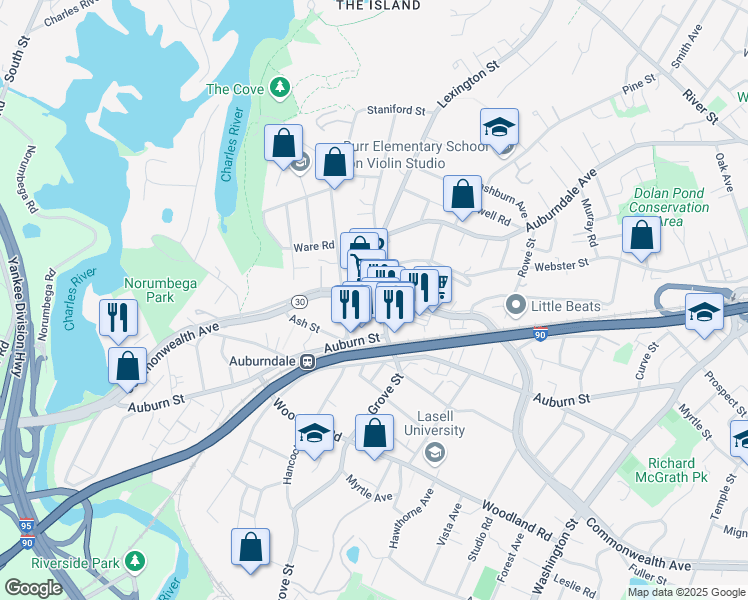 map of restaurants, bars, coffee shops, grocery stores, and more near 2096 Commonwealth Avenue in Newton