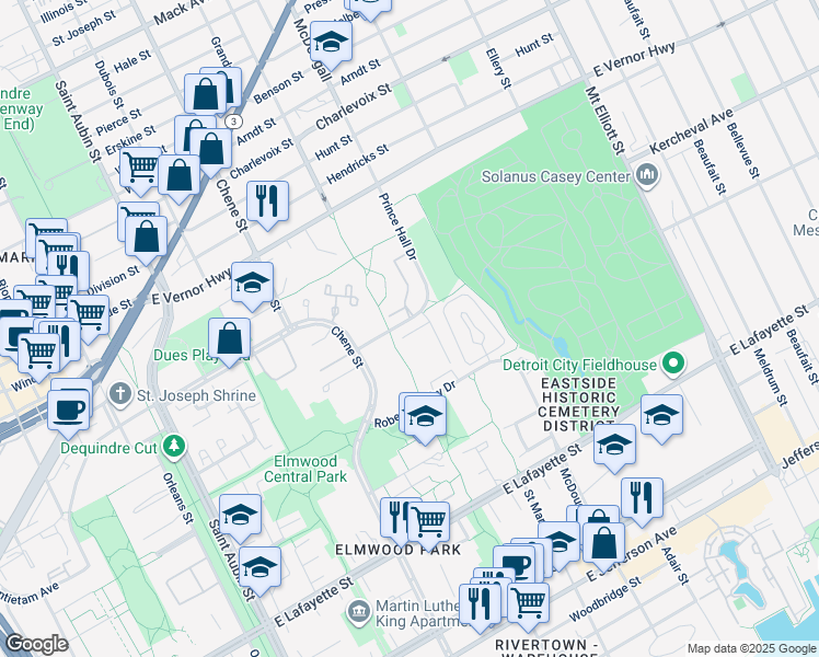 map of restaurants, bars, coffee shops, grocery stores, and more near 2906 Prince Hall Drive in Detroit