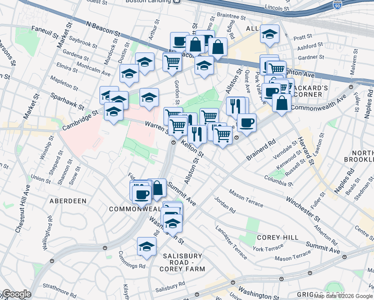 map of restaurants, bars, coffee shops, grocery stores, and more near 153 Kelton Street in Boston