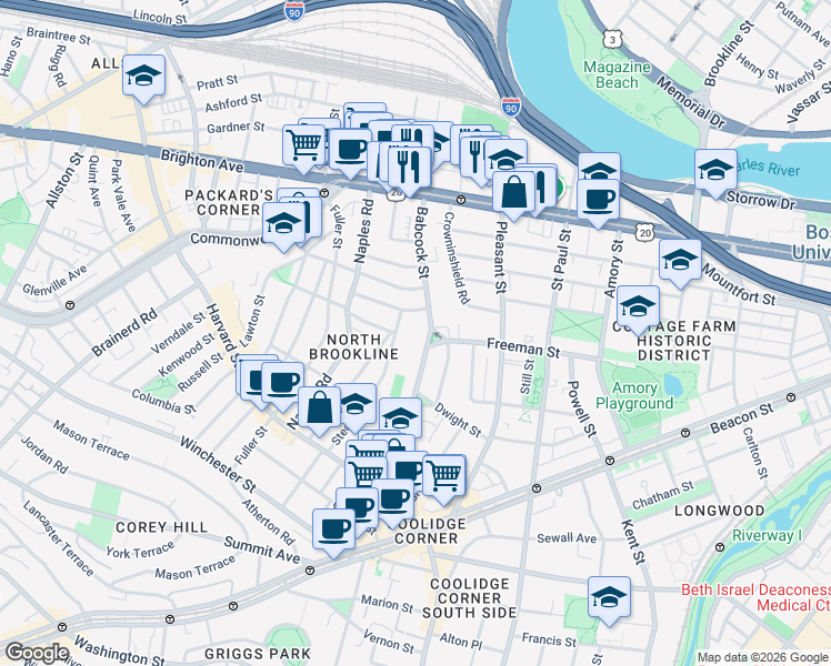 map of restaurants, bars, coffee shops, grocery stores, and more near 145 Babcock Street in Brookline