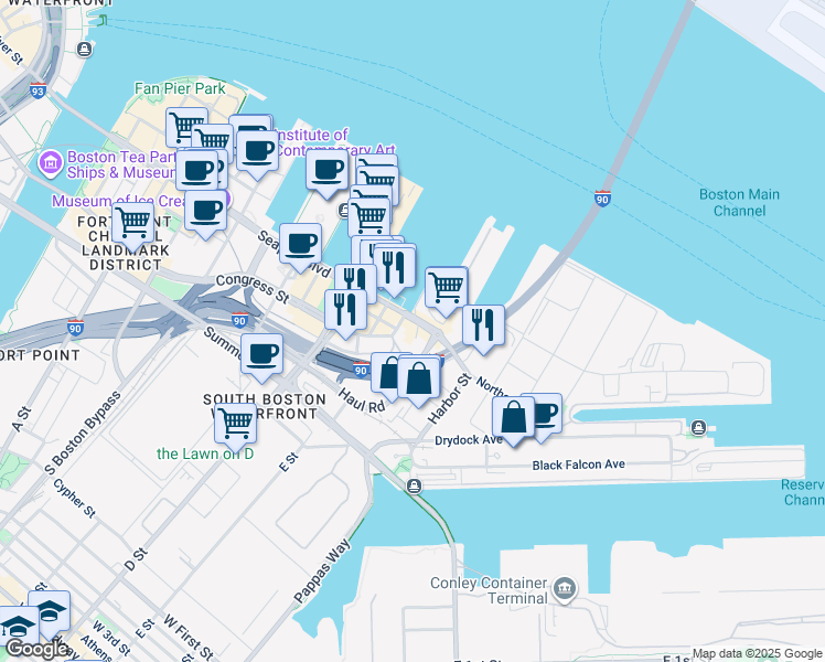 map of restaurants, bars, coffee shops, grocery stores, and more near 899 Congress Street in Boston