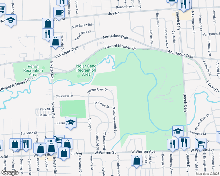 map of restaurants, bars, coffee shops, grocery stores, and more near 26646 Rouge River Drive in Dearborn Heights