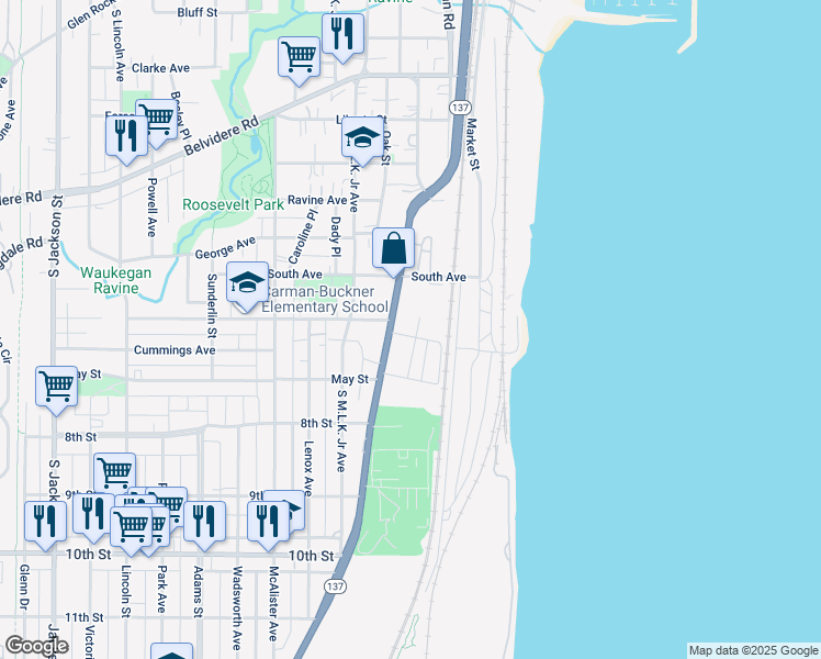 map of restaurants, bars, coffee shops, grocery stores, and more near 638 Kennard Street in Waukegan