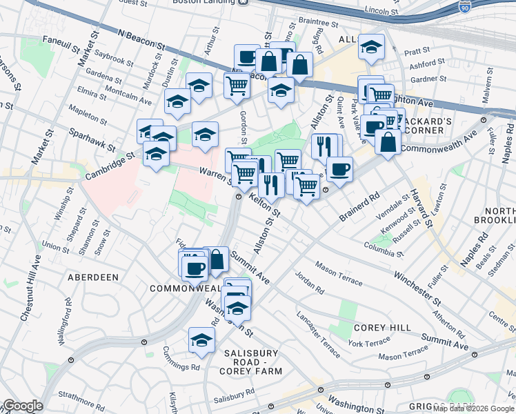 map of restaurants, bars, coffee shops, grocery stores, and more near 164 Kelton Street in Boston