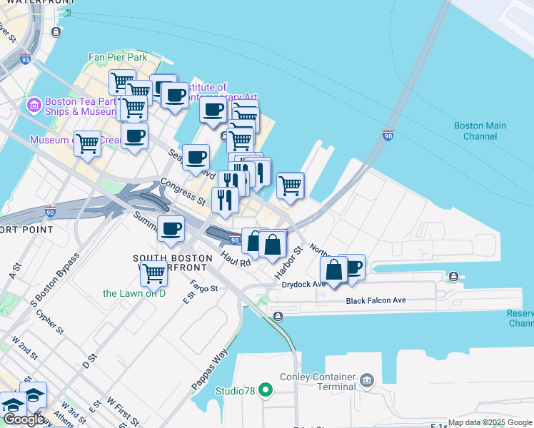 map of restaurants, bars, coffee shops, grocery stores, and more near 899 Congress Street in Boston