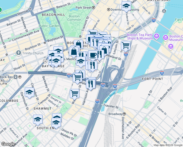 map of restaurants, bars, coffee shops, grocery stores, and more near 232 Harrison Avenue in Boston