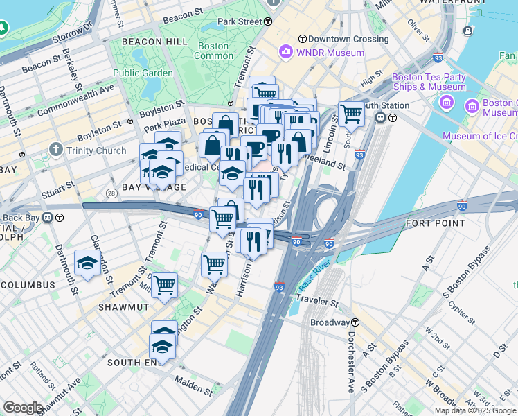 map of restaurants, bars, coffee shops, grocery stores, and more near 232 Harrison Avenue in Boston