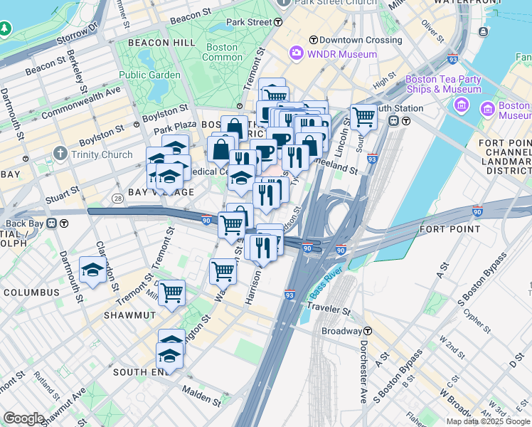 map of restaurants, bars, coffee shops, grocery stores, and more near 232 Harrison Avenue in Boston