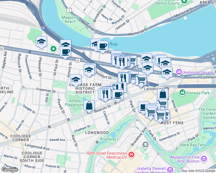 map of restaurants, bars, coffee shops, grocery stores, and more near 121 Carlton Street in Brookline