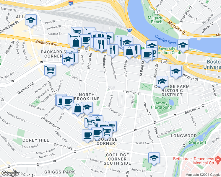 map of restaurants, bars, coffee shops, grocery stores, and more near 145 Babcock Street in Brookline