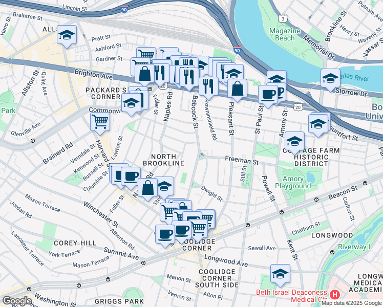 map of restaurants, bars, coffee shops, grocery stores, and more near 145 Babcock Street in Brookline