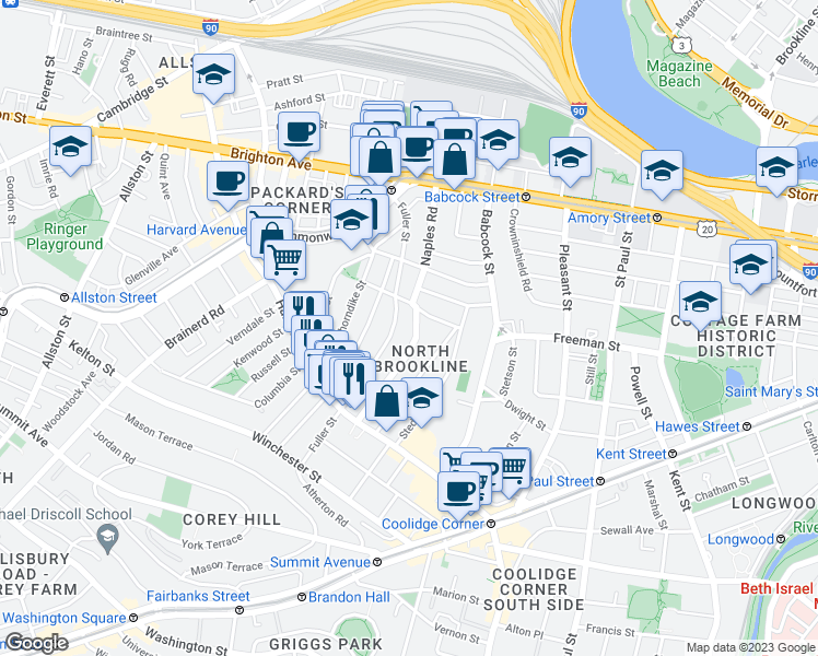map of restaurants, bars, coffee shops, grocery stores, and more near in Brookline